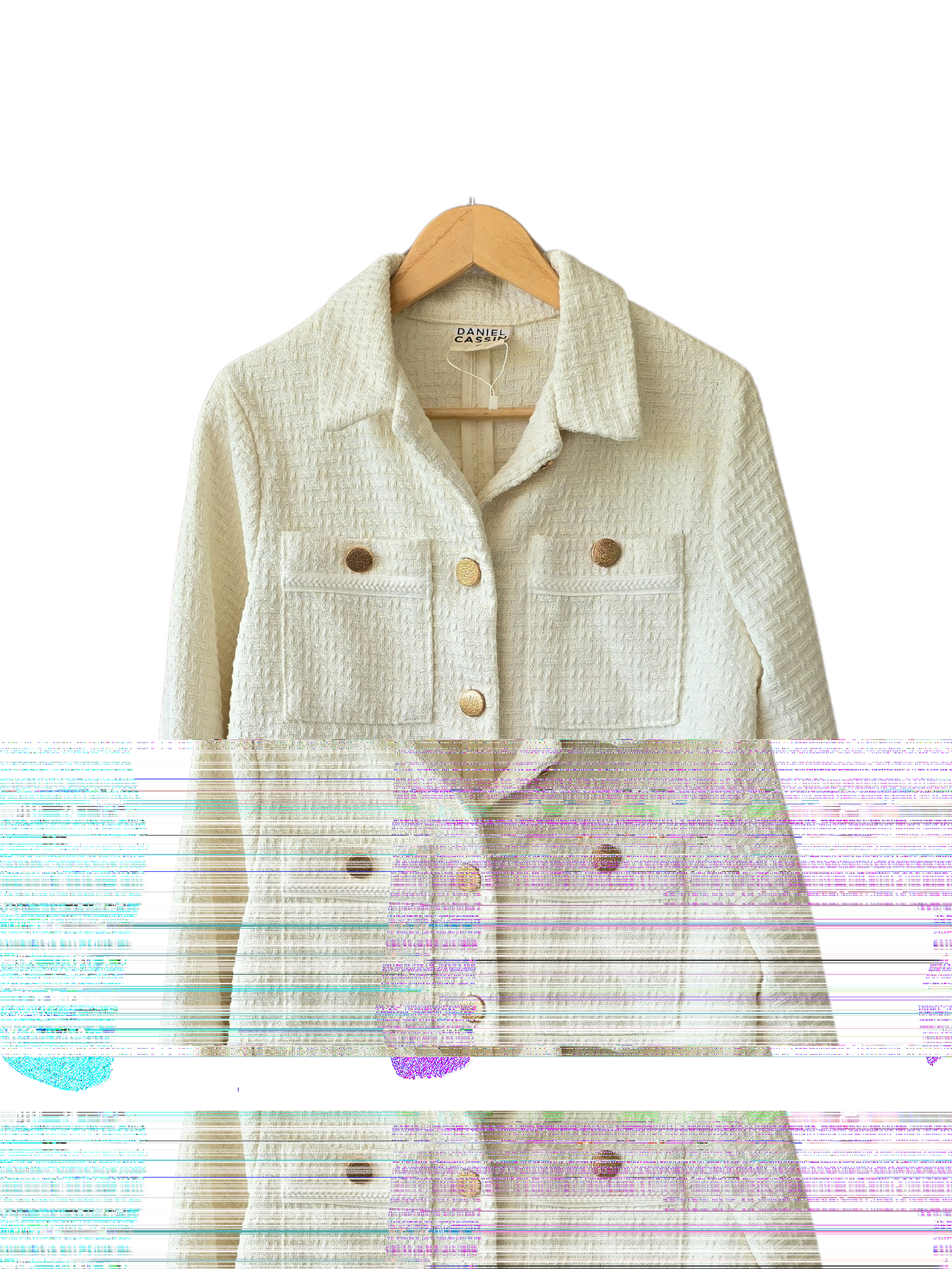 Chaqueta crop Daniel Cassin, blanca con botones dorados, talle M